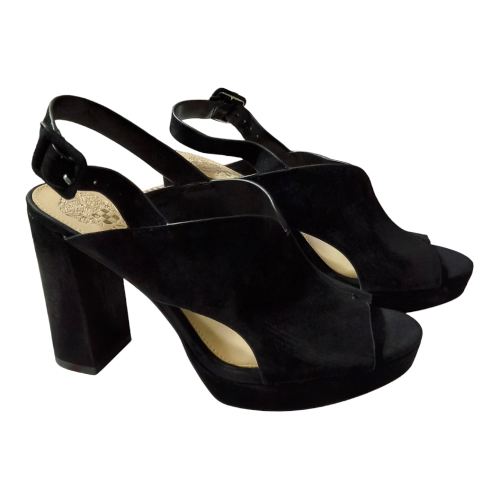 Vince Camuto Jeangel Black Suede Block Heel Dress Sandals Size 7.5